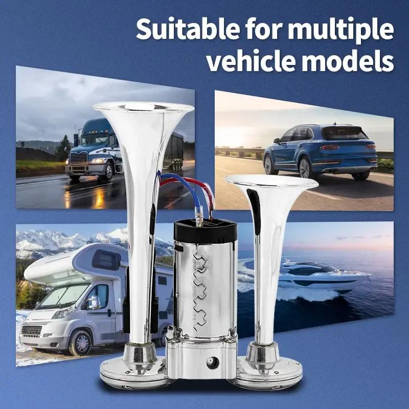 12V Horns, Chrome Zinc Single Trumpet Truck Air Horn with Compressor for Any 12V Vehicles Trucks Lorrys Trains Boats Cars