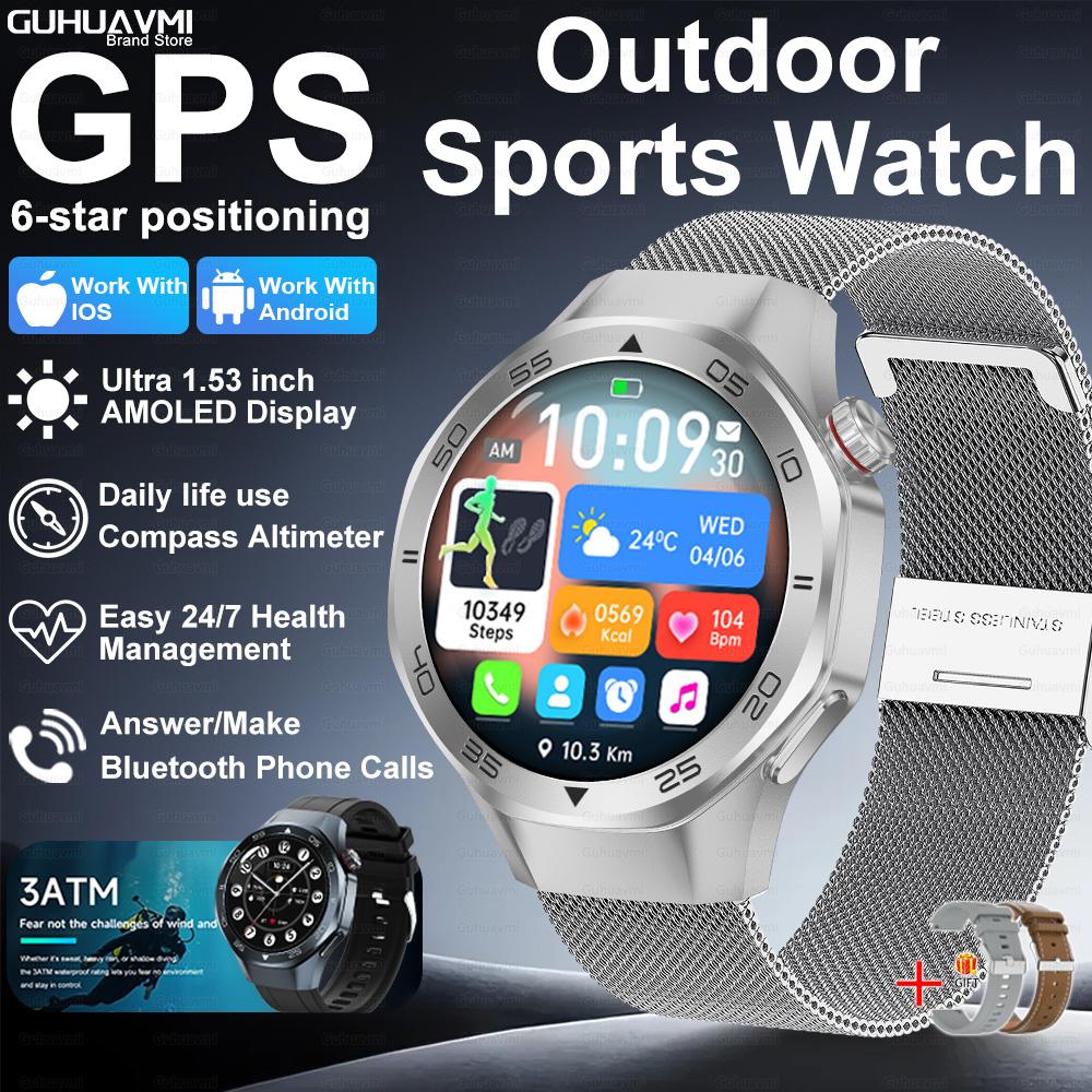 New GPS Position Smart Watch Men 1.53'' AMOLED HD Screen Compass Heart Rate 3ATM Waterproof Call Sports Business Smart Watch
