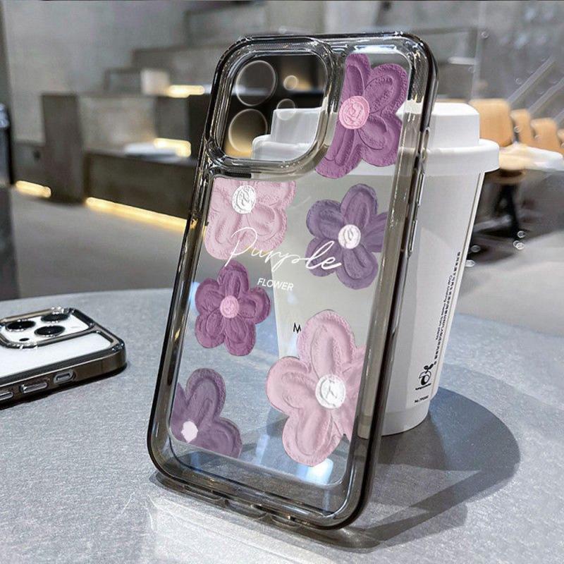 Pink Purple Floral Soft Silicone Case for Apple iPhone 16/15/14/13/12/11 - High Transparency