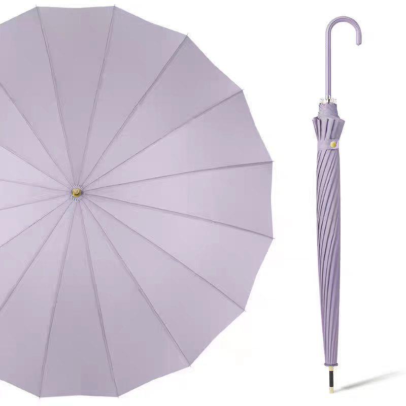16-Rib Japanese Style Solid Color Umbrella - Automatic Open with Curved Handle, Sun Protection