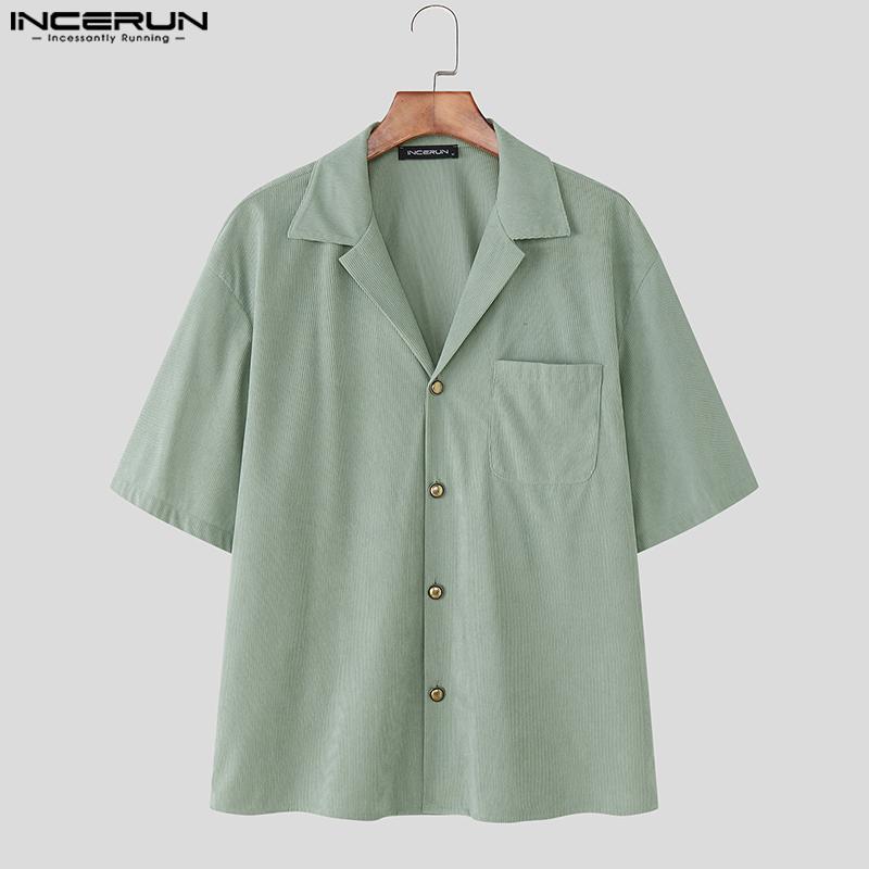 INCERUN 2PCS Men Lapel Neck Corduroy Short Sleeve Shirt Long Straight Pants Sets Outfits