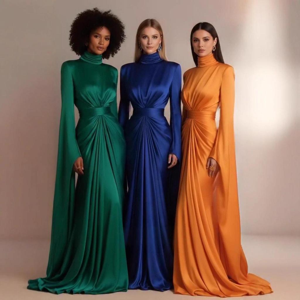 European & American Women's Satin High Neck Casual Formal Dress, High Waist with Lace-up Design, New 2025 Style