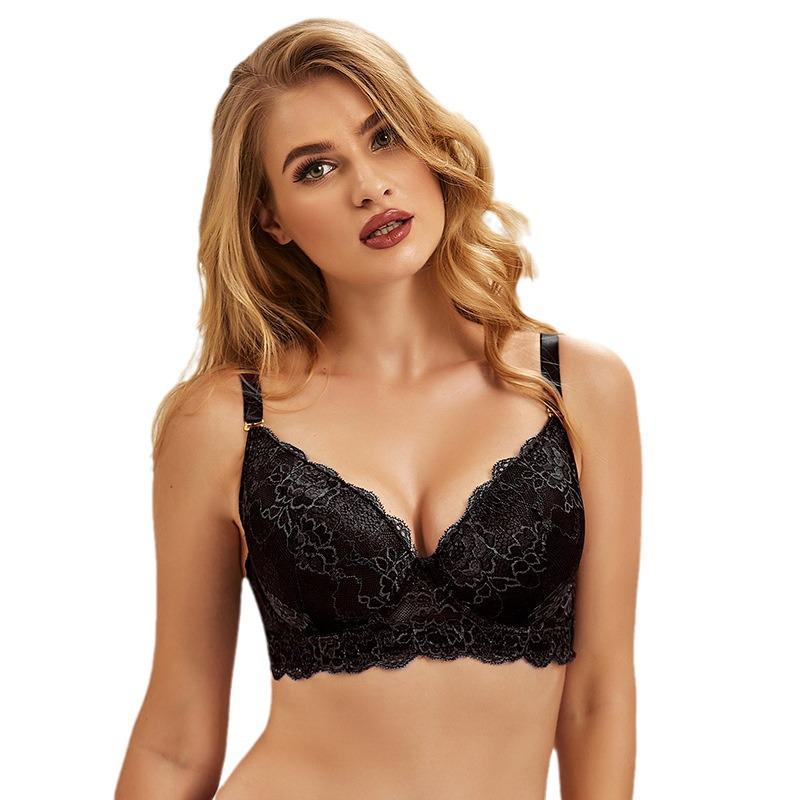 Plus Size Lace Push-Up Bra with Underwire, Thin Molded Cup, Sexy Design, Solid Color - Style 4041