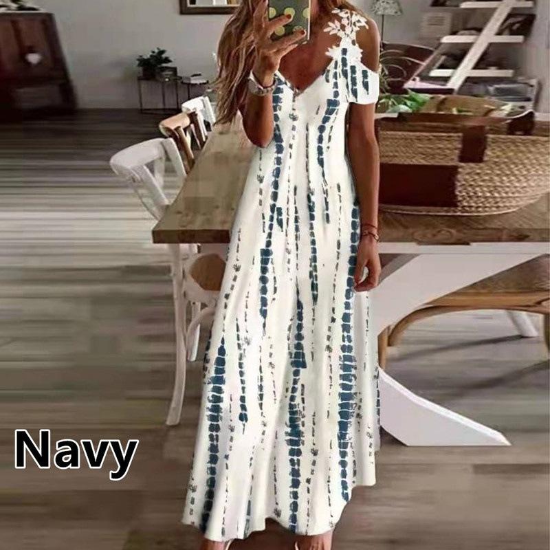 Women's Fashion Summer Print V-Neck Off Shoulder Short Sleeve Splicing Lace Dress