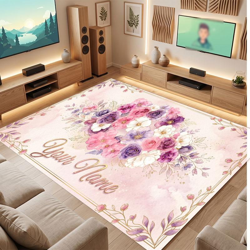Floral Garden Theme Crystal Velvet Floor Rug Personalized Custom Name Text Warm Carpet Home Decoration