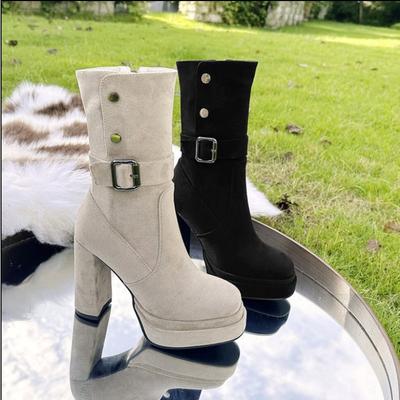 Fashion Vintage Platform Thick High Heel Women Mid-Calf Boots Fashion Slip On Autumn Winter Female Western Short Booties Botas De Mujer