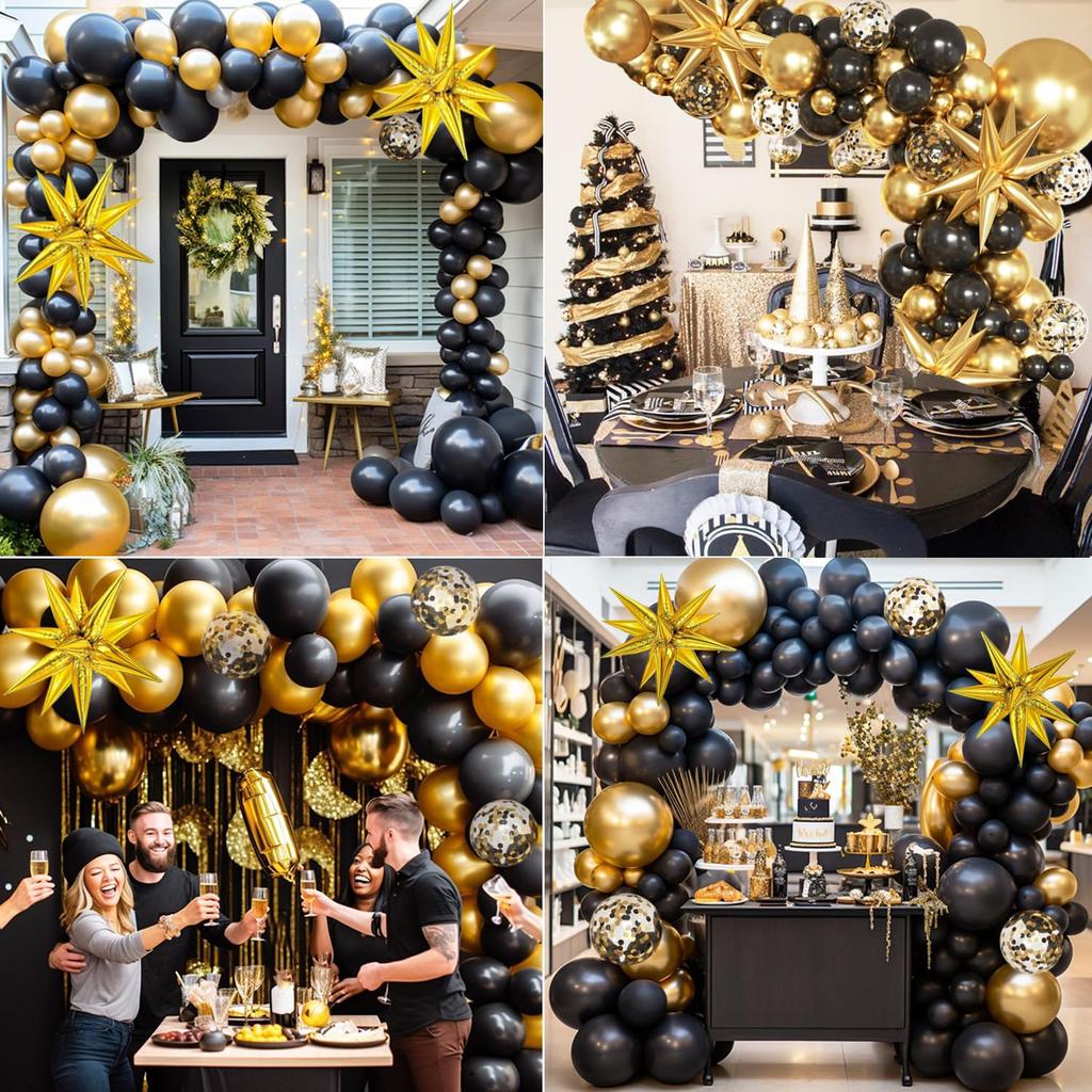 134pcs Black and Gold with Gold Confetti Balloon Garland Arch Set, Suitable for Birthday, Christmas, and New Year Decorations
