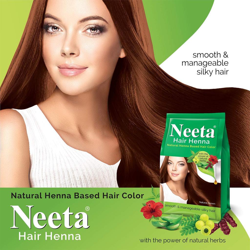Neeta Haar Henna Kleur Natuurlijk Bruin 125g X Pak van 4 Ammoniakvrije Haarkleur voor Vrouwen Mannen