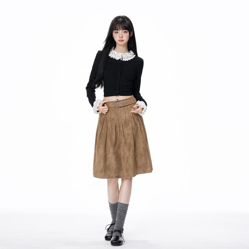 Suede Retro A-line Midi Skirt: Women s High Waist, Slimming, Versatile Pleated Bodycon Design. M хаки