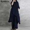 Großgröße Baumwolle Leinen 2-teiliges Sportswear-Set Damen Kurzarm Rundhals Oberteil Hose Dopamin Set