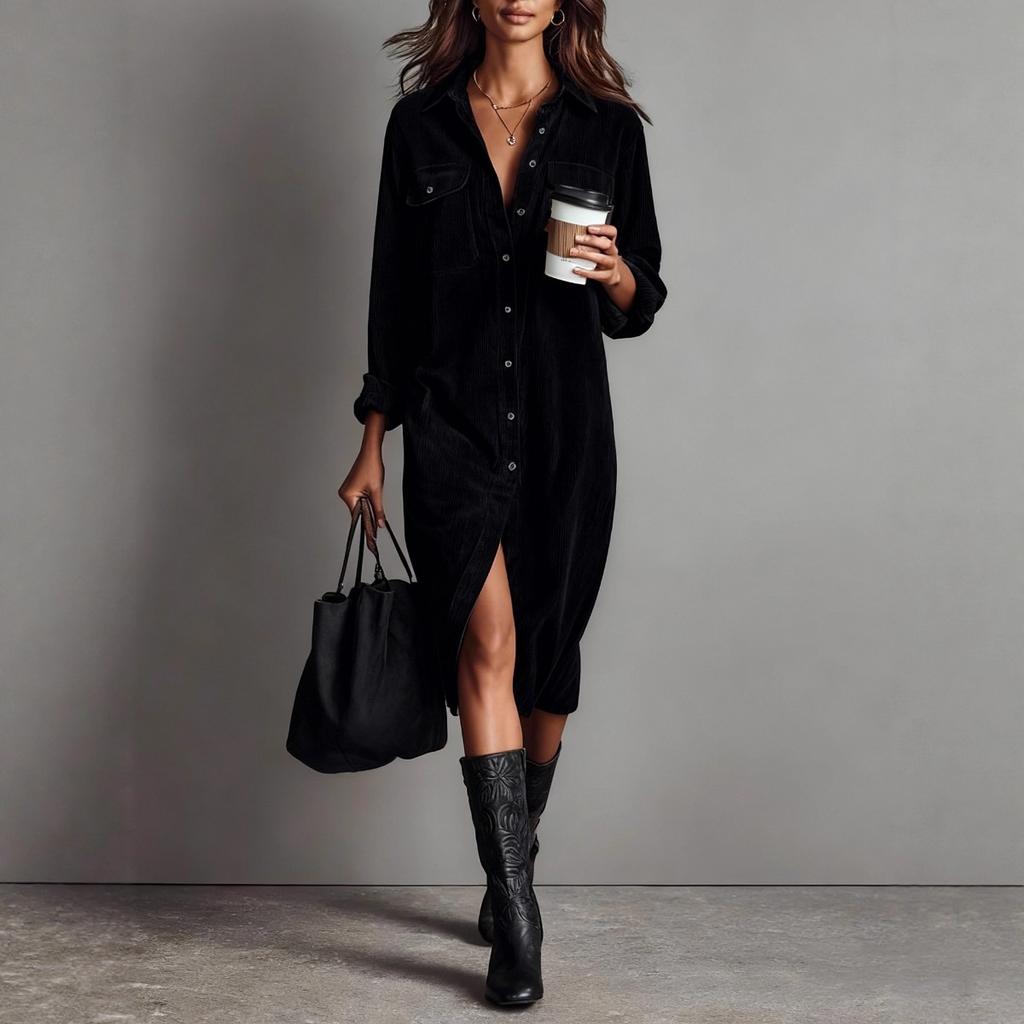 New Solid Corduroy Long Sleeve Lapel Collar Loose Shirt Dress