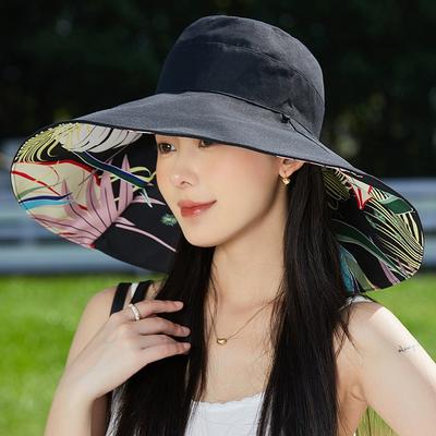 Large Brim Women Sun Hat Luxury Double Sided Wearable Plant Printing Cotton Bucket Cap Light Breathable Summer Top Hat