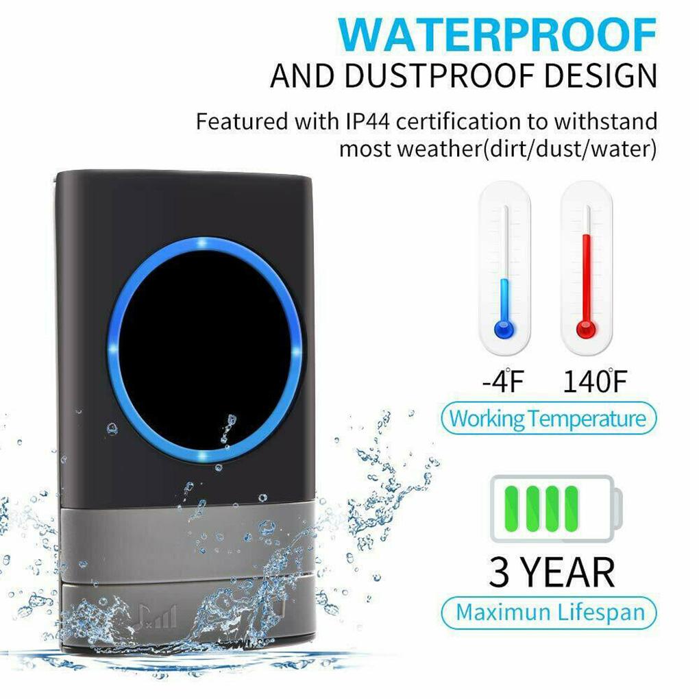 Campainha de Porta Sem Fio com Flash LED Campainha de Porta à Prova d'Água Volume Ajustável 2 Receptores Plug-in