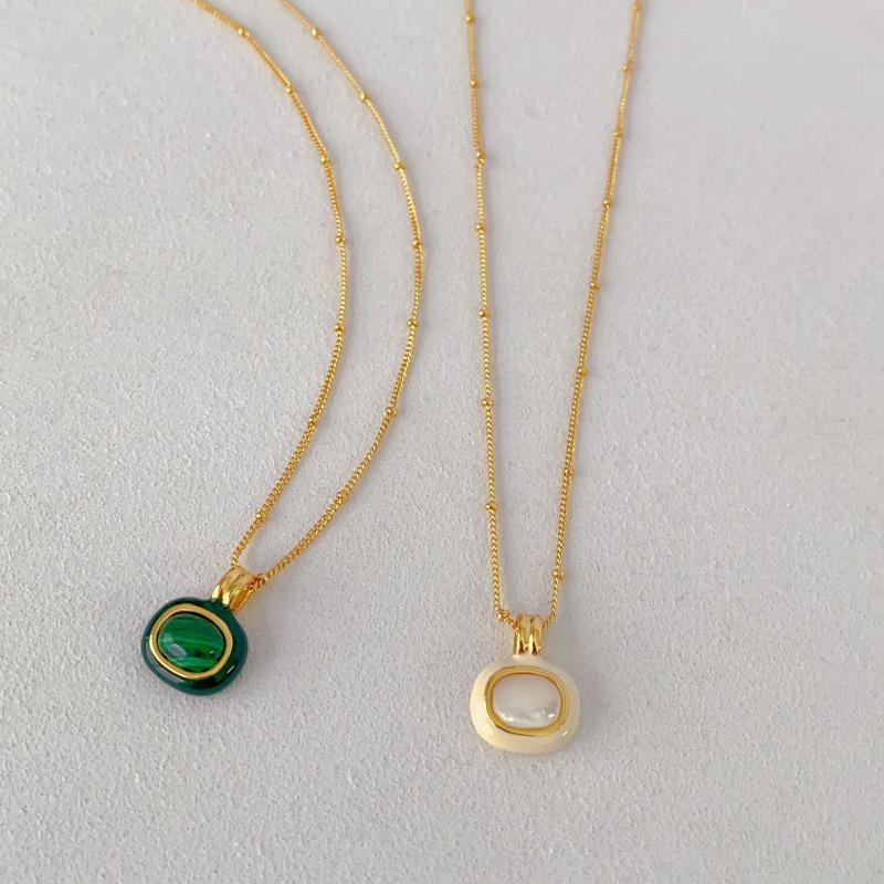 Meier Copper Plated with Real Gold Inlaid with White Butterfly Mother-of-pearl Malachite Oil Drop Necklace Ring