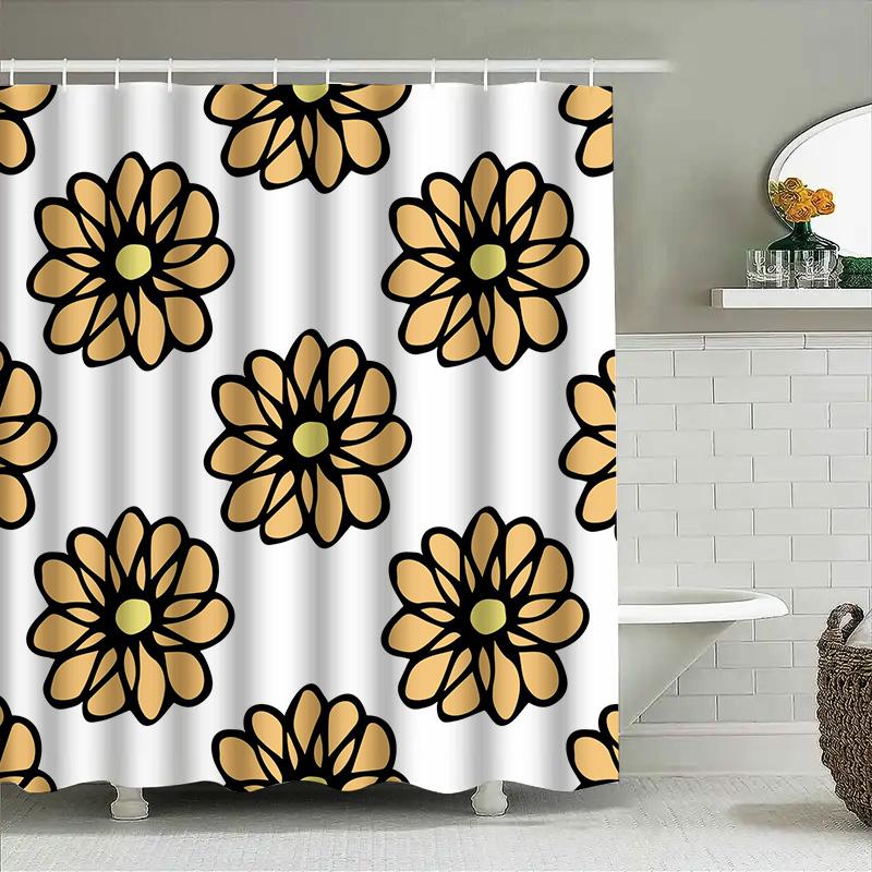 Modern Bathroom Shower Curtain Black Flower Print Waterproof Fabric Decorative Home Decoration White With Yellow Flowers (180X24