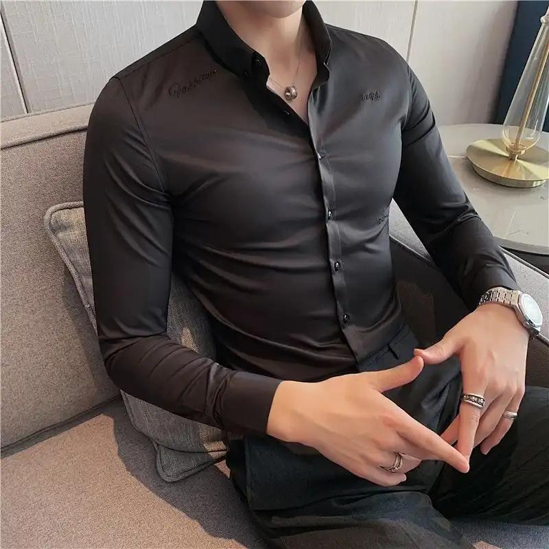 Men Spring Autumn New Style Premium Embroidered Shirt Long Sleeve Wrinkle Resistant Non Iron Slim Fit Handsome Business Shirt