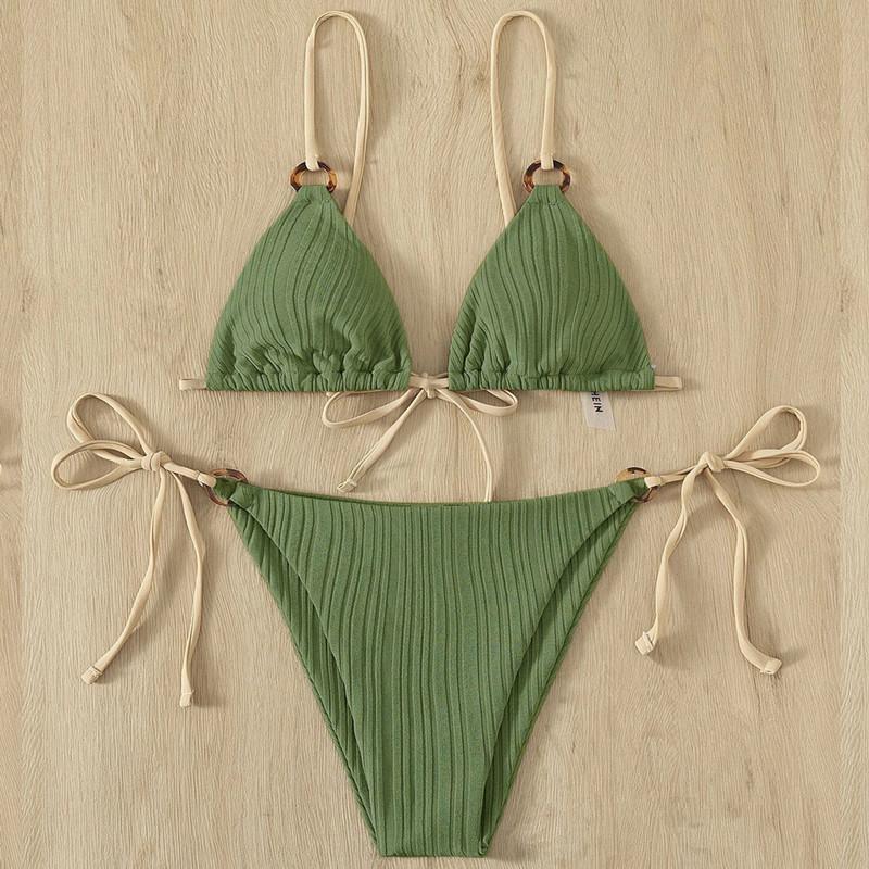 2022 Sexy Bikini Ensemble Mignon Blanc Plaine Anneau Lié Spaghetti