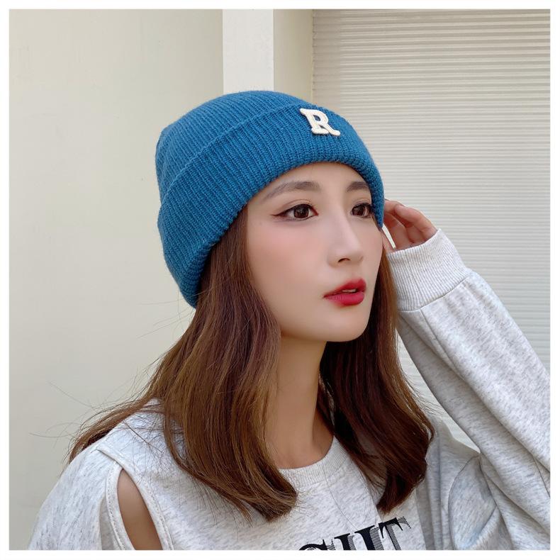 Winter Knitted Hat for Women Warm Pullover Hat P Shaped Bag Head Trendy Face Small Korean Version Wool Hat Men