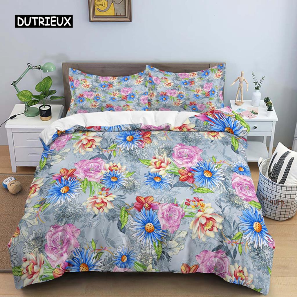 Vintage Blume König Königin Bettbezug, Pfingstrose Sonnenblume Bettwäsche-Set, Tropischer Blumen Steppdeckenbezug Boho Bettdeckenbezug