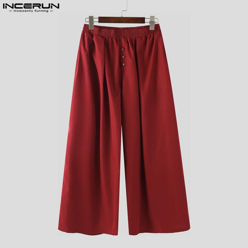 INCERUN Men Casual Elastic Waist Solid Wide Legs Pants Long Trousers with Pockets