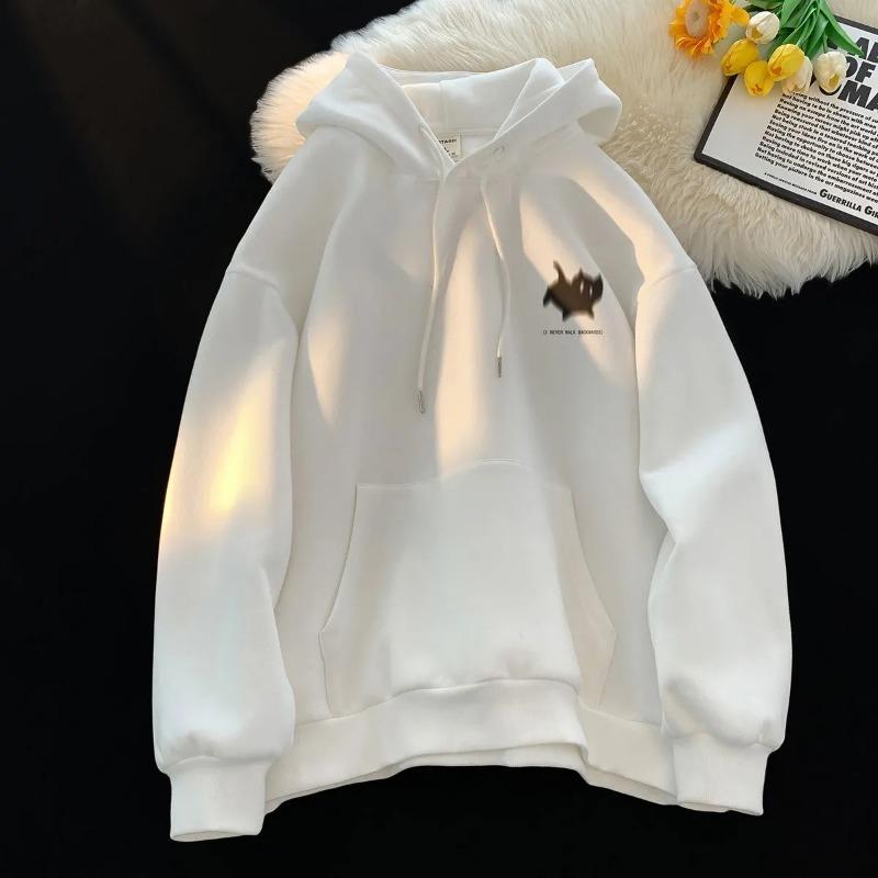 Korean Style Loose Fit Unisex Cat Print Hooded Sweatshirt For Autumn Winter