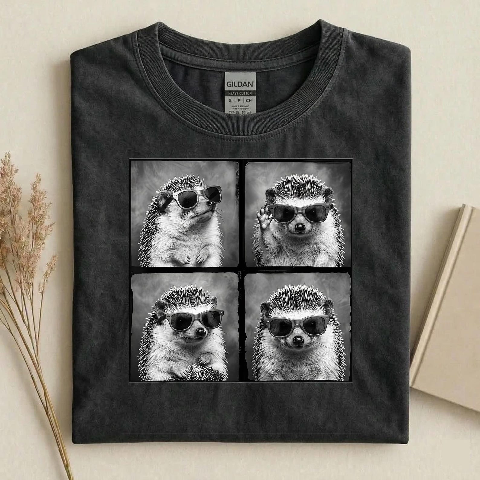 Cool Hedgehog Sunglasses Shirt, Funny Hedgehog Graphic Tee, Black and White Animal T-Shirt, Cute Hedgehog Lover Gift S
