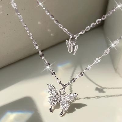 Double Layer Butterfly Necklace for Women - Elegant -Accented Chain Jewelry, Minimalist Lightweight Design for Everyday & Party Wear