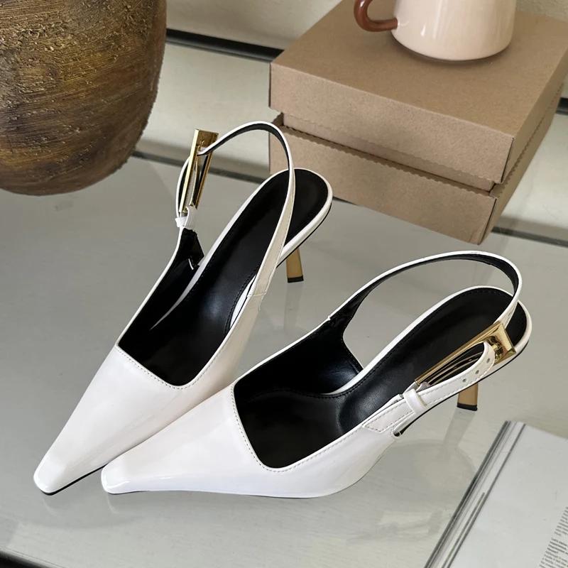 Metal Buckle Strap Women Pumps Street Style Sexy Pointed Toe Stripper Sandals Slingback High Heels Female Shoes
