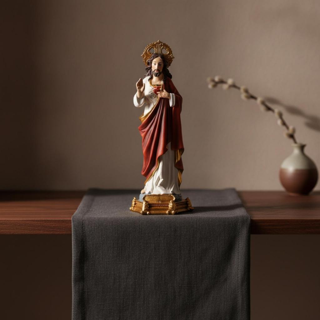 Religious Figurine Detailed with Golden Circlet Classical Resin Statue for Altar, Prayer