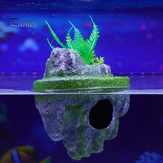 Floating Artificial Mountain Rock Aquarium Decoration, Realistic Moss Ornament with Covered Stone Decor Cave, Fish Tank Hideout Shelter for