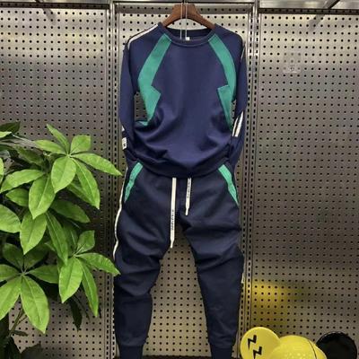 Herren Herbst Sportanzug: Patchwork Freizeit-Hosen & Rundhals-Sweatshirt Set