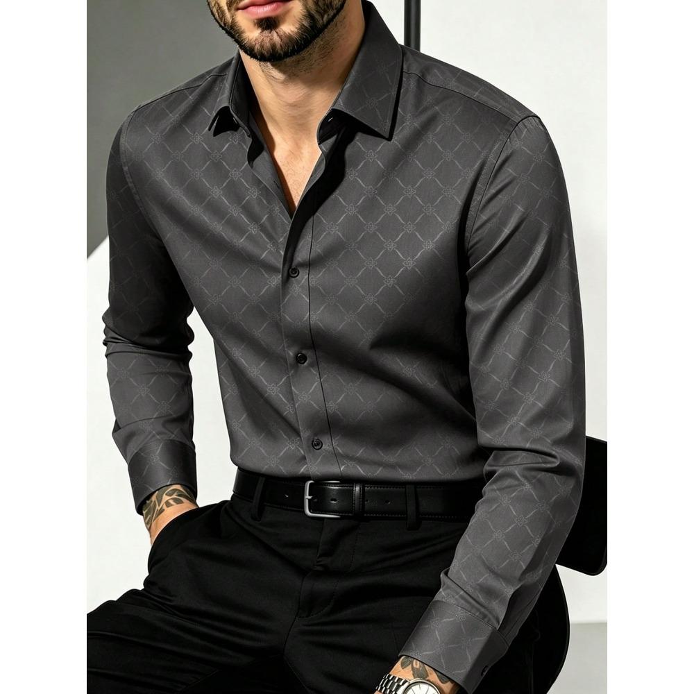 Light Luxury Dark Patterned Diamond Shaped Men's Shirt, Silky Slim Fit Shirt, European and American High-end Dark Printed Shirt