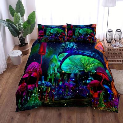 Parure de lit à imprimé champignon fantaisie, housse de couette douce et confortable pour chambre à coucher, décoration de chambre d'amis1 * housse de couette + 2 * taie d'oreiller