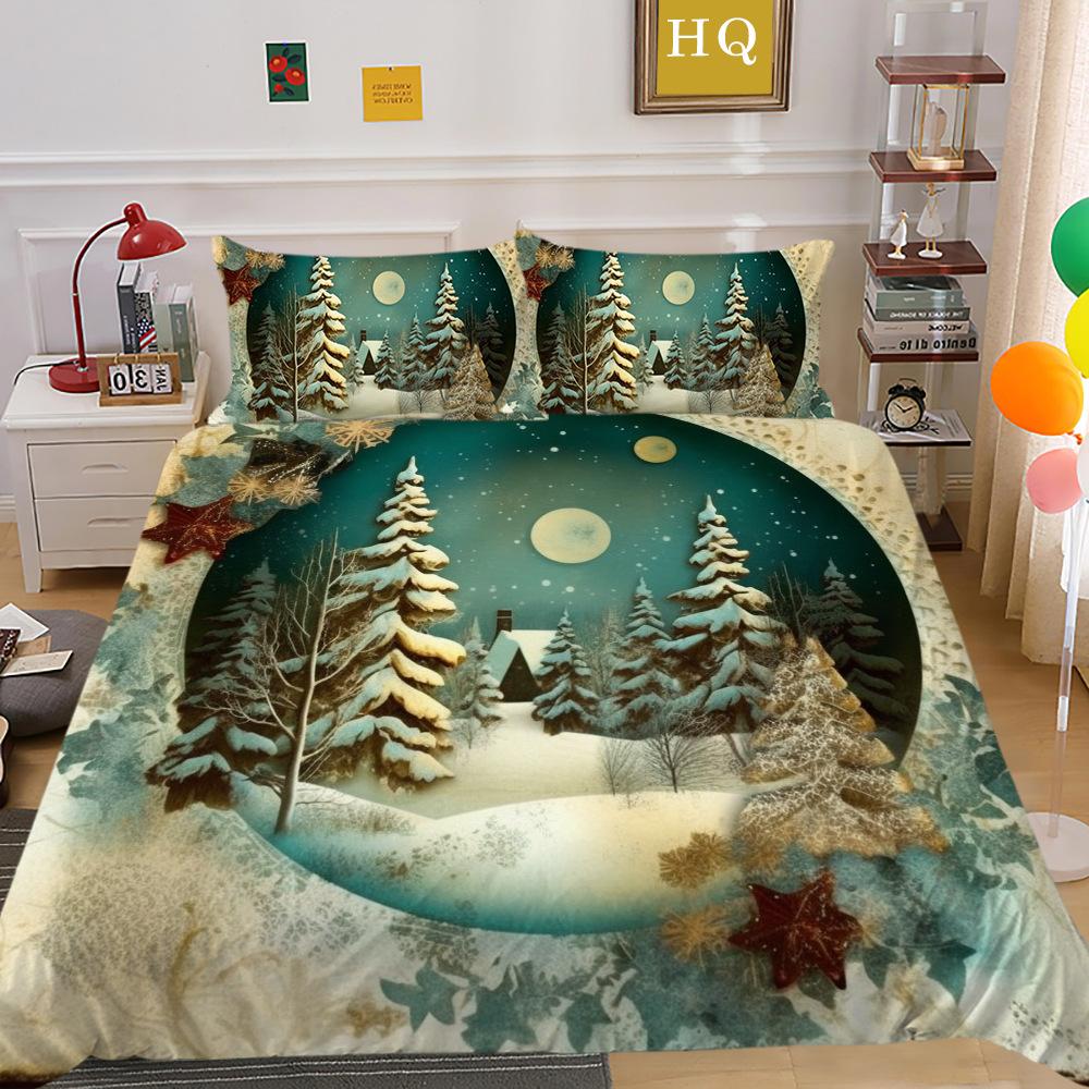 Christmas Digital Printing 3D Printing Polyester Pillowcase Quilt Cover Two Or Three-Piece Set