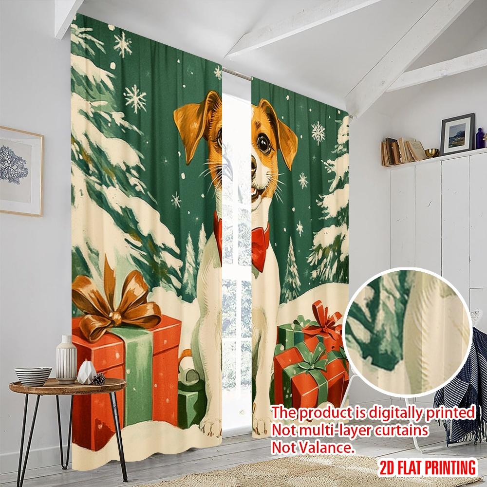 2pcs,2D plane printing Window Curtain Cute Dog Christmas Gifts Polyester Woven (without rod) Holiday for Bedroom, Living Room,