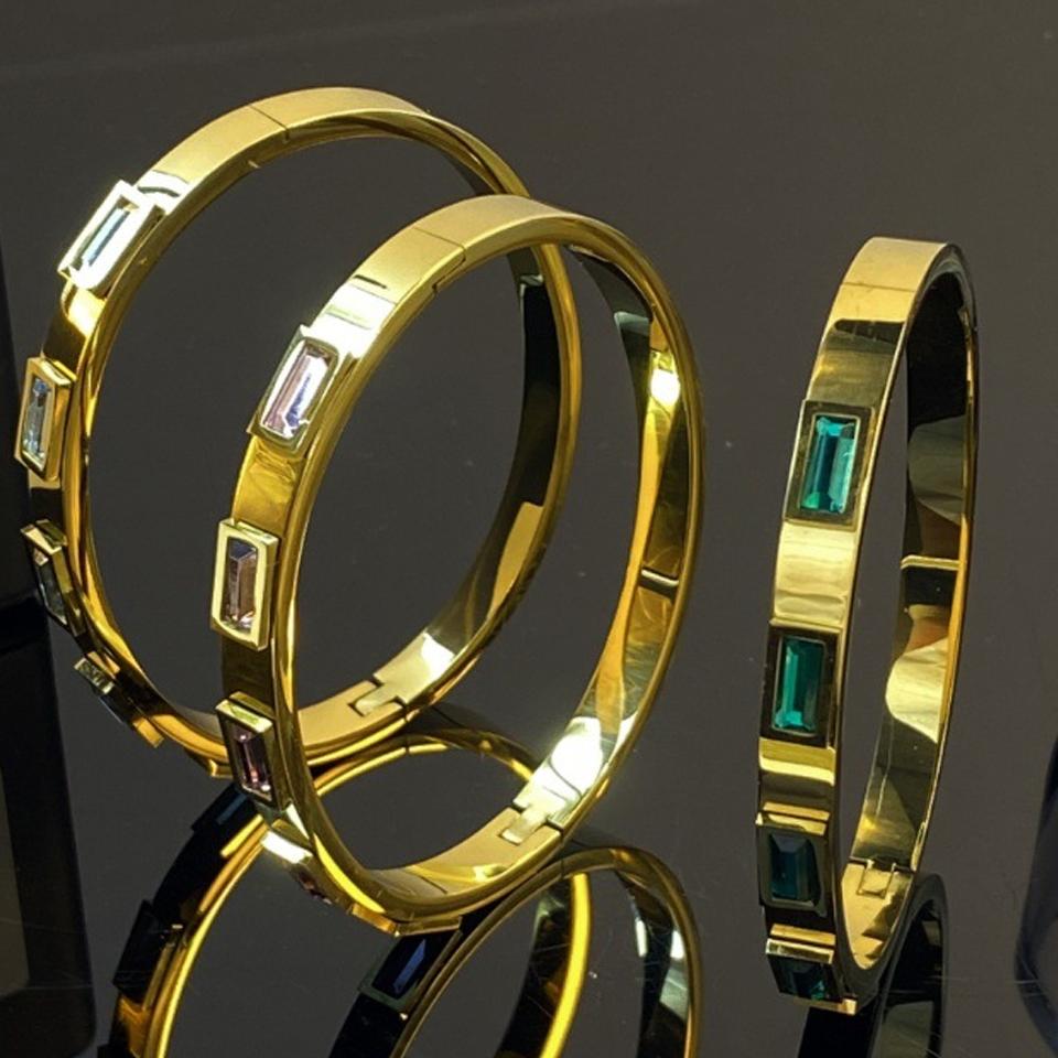 ZAKOL 18K Gold Plated Stainless Steel Cubic Zircon Bracelet for Women Pink Green Square CZ Waterproof Fashion Zircon Gift