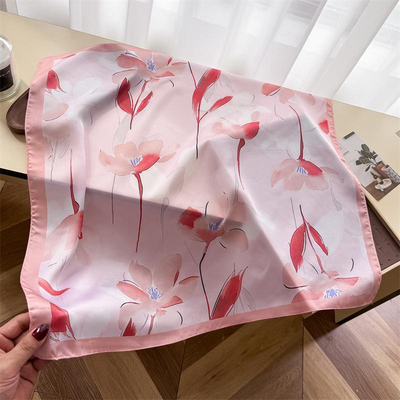 Floral Printed Small Square Scarf For Women Summer Sun Protection