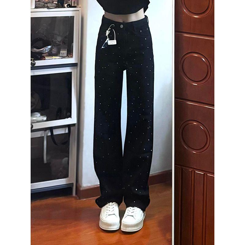 

Джинсы со стразами черные высокие 175 длинные широкие женские весна и осень новое поступление высокая посадка стройнящие мягкие брюки-швабры Black Long M