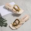 Leisure Gold Metal Decoration Slip On Sandals Square Toe Medium Heels Slippers Women 2025 Summer Beige Beach Shoes