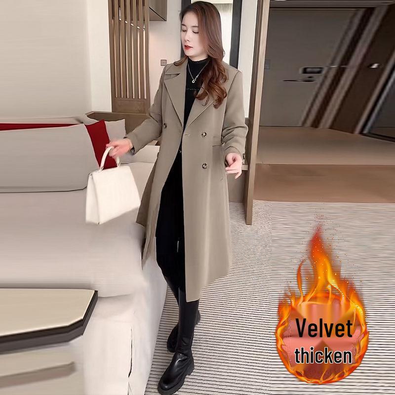 

Жіночий вітрозахисний плащ середньої довжини на флісовій підкладці - Осінньо-зимовий корейський стиль, пальто з коміром-стійкою M for 80-100 lbs