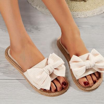 Women's Solid Color Elegant Sandals, Slip On Bowknot Decor Lightweight Beach Slides, Non-slip Vacation Slides In Holiday