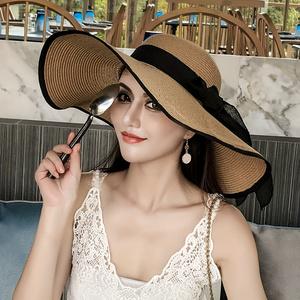 Womens Wide Brim Straw Sun Hat UV Protection Foldable Bowknot Beach Hat for Summer Travel Vacation Outdoor Use