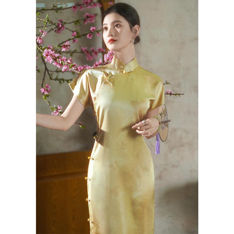 "Streamer Green" long green ancient full-open cheongsam 1011 summer new retro Republic of China style