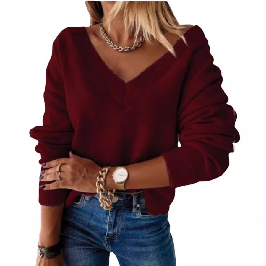 Autumn Winter New Imported Fashion Knitwear Women's Long Sleeve V-Neck Loose Knit Pullover Sweater
