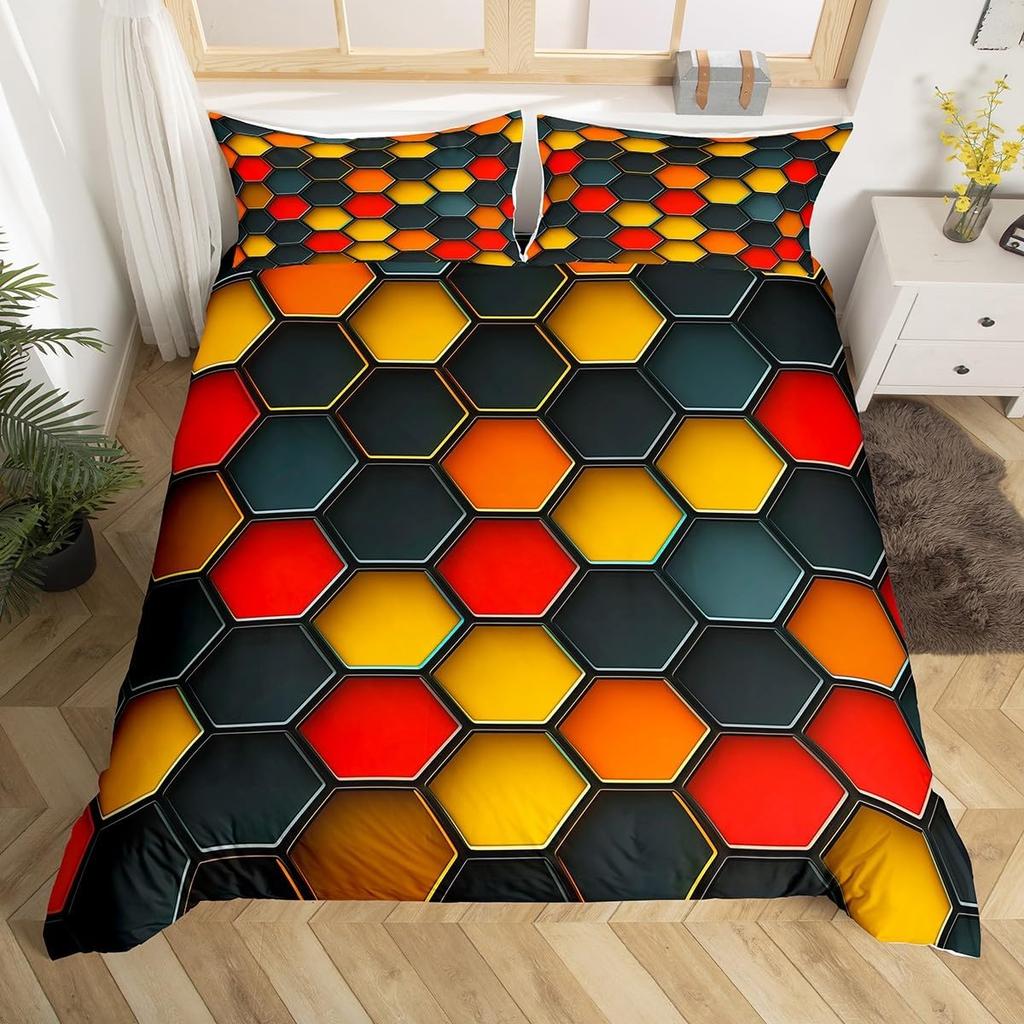 Honeycomb Duvet Cover Set Twin Queen Size, Geometric Hexagon Bedding Set For Boys Men Room Decor, Modern Style Comforter Cover