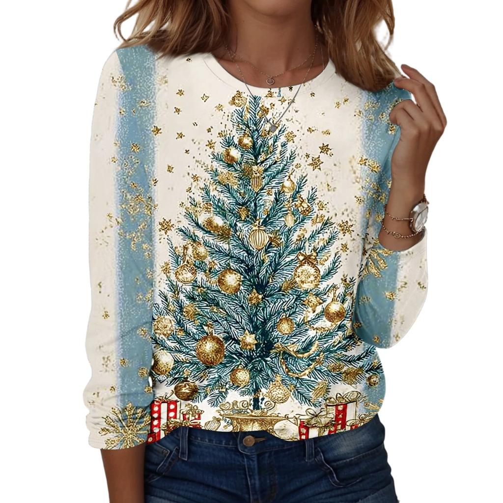 Women's Christmas Printed Long Sleeve Round Neck Top Casual Blouse