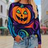 Jesienny i Zimowy Damski T-shirt z Okrągłym Dekoltem i Długim Rękawem z Nadrukiem 3D Dynia na Halloween