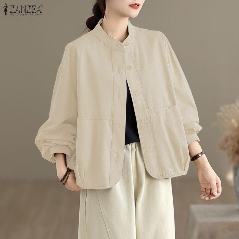 ZANZEA Bluză lejeră cu mânecă lungă, cu guler în picioare, pentru femei