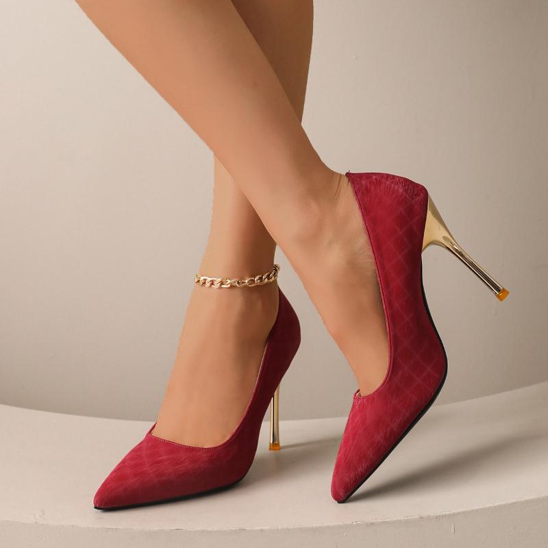 2026 New Women's Basic Pumps  Heel High  Dress Shoes  Flock Boat  Pointed Toe Slip