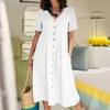 Lässiges Sommerkleid für Damen mit V-Ausschnitt, Knopfleiste, Baumwolle und Leinen, einfarbig, kurzärmelig, mittellang